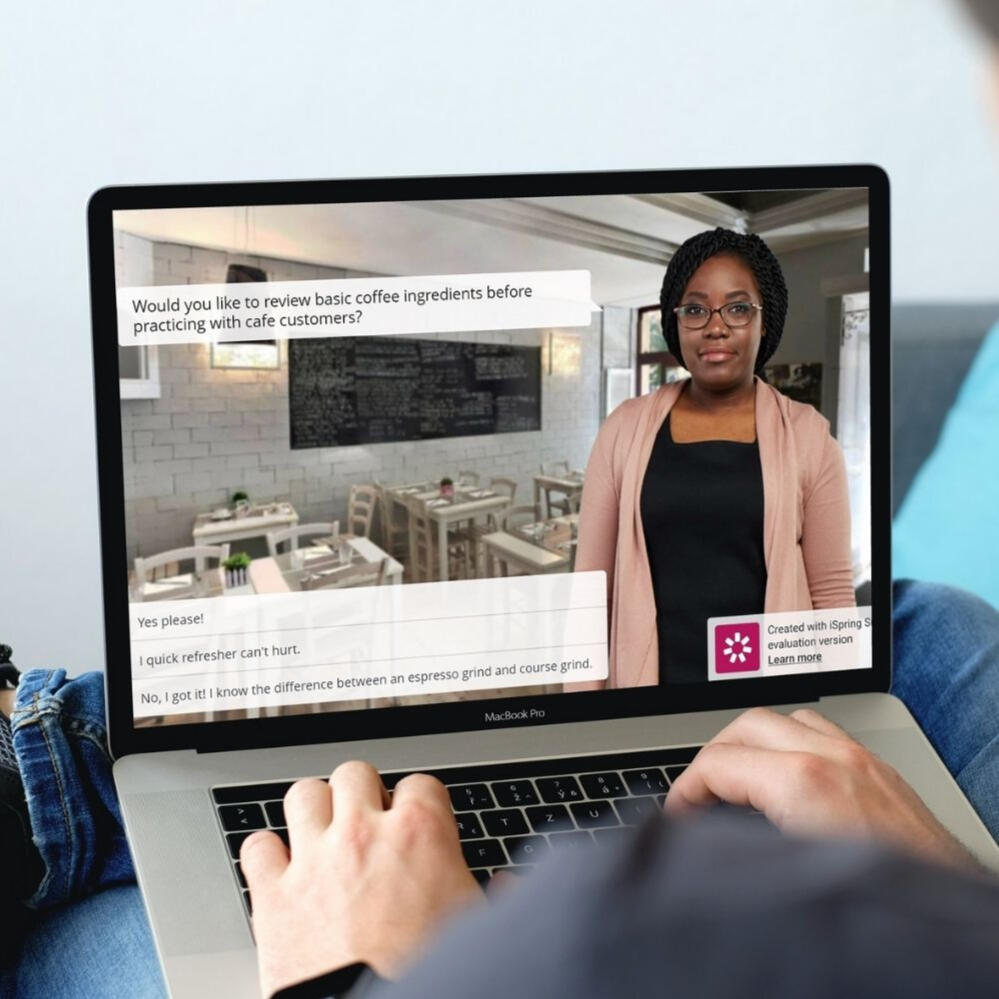 Dialog scenario: Cafe background with Tamara, a black senior barista, speaking to the learner.